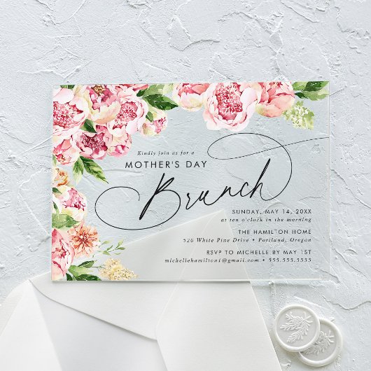 Invitations En Acrylique Elégant Pink Peonies Mère's Day Brunch
