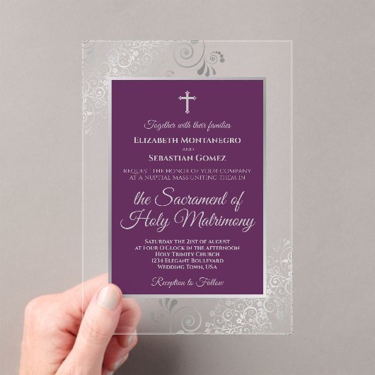 Invitations En Acrylique Elegant Plum Purple & Silver Catholic Wedding (In situ (ordinateur de poche))