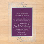 Invitations En Acrylique Elegant Plum Purple & Silver Catholic Wedding (Recto)