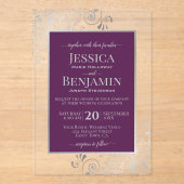 Invitations En Acrylique Elegant Plum Purple & Silver Stylish Text Wedding (Recto)