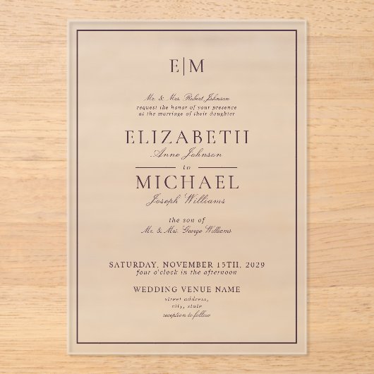Invitations En Acrylique Élégant Plum violet classique Mariage Monogramme (Recto)
