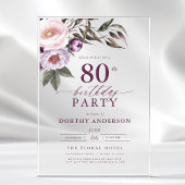 Invitations En Acrylique Élégant Plum violet Script floral 80e anniversaire