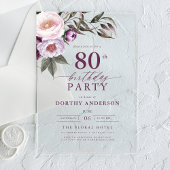 Invitations En Acrylique Élégant Plum violet Script floral 80e anniversaire