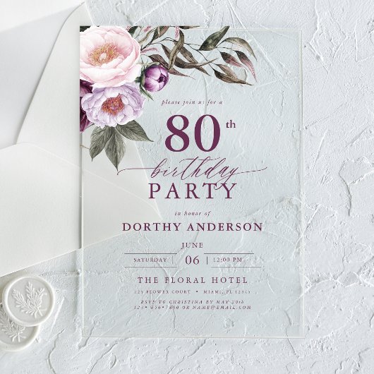 Invitations En Acrylique Élégant Plum violet Script floral 80e anniversaire