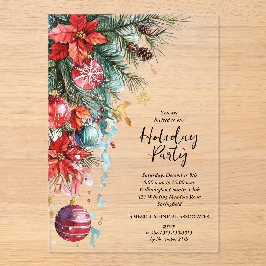 Invitations En Acrylique Elegant Poinsettia Christmas Party (Recto)