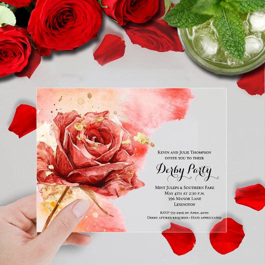 Invitations En Acrylique Élégant Red Rose Derby Party