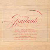 Invitations En Acrylique Élégant Red Script Graduation Party (Recto)