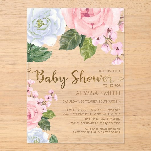 Invitations En Acrylique Élégant rose blanc Rose Script Baby shower (Recto)