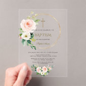 Invitations En Acrylique Élégant rose Blush Floral Gold Cross Baptême (In situ (ordinateur de poche))