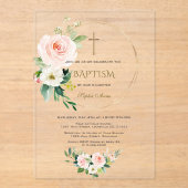 Invitations En Acrylique Élégant rose Blush Floral Gold Cross Baptême (Recto)