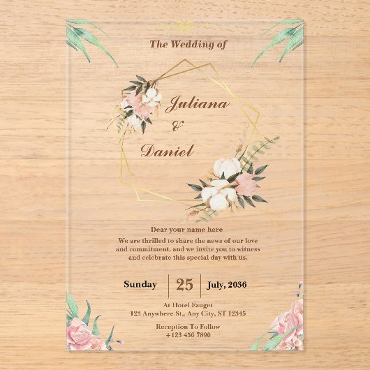 Invitations En Acrylique Elégant rose clair Acrylique Mariage Invitations (Recto)