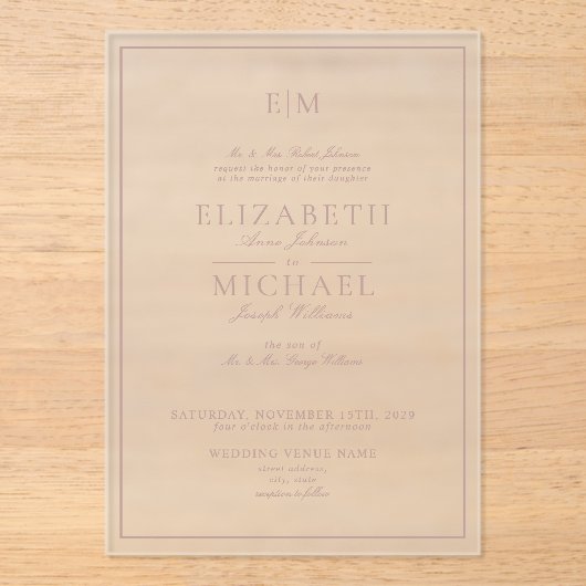 Invitations En Acrylique Élégant Rose Dusty Classic Script Monogram Mariage (Recto)