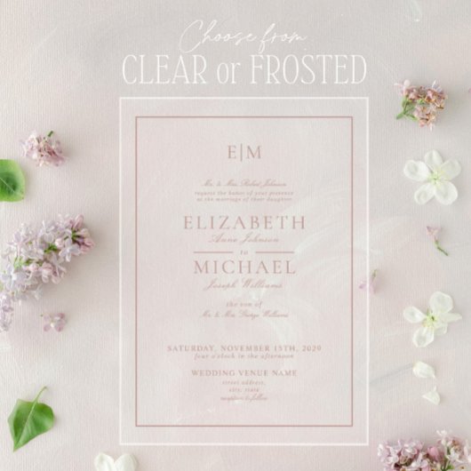 Invitations En Acrylique Élégant Rose Dusty Classic Script Monogram Mariage