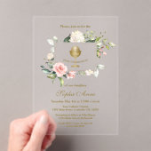 Invitations En Acrylique Élégant rose Fleurs rousses Fille Sainte Communion (In situ (ordinateur de poche))