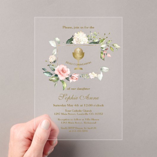 Invitations En Acrylique Élégant rose Fleurs rousses Fille Sainte Communion (In situ (ordinateur de poche))