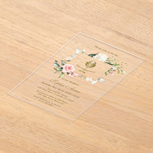 Invitations En Acrylique Élégant rose Fleurs rousses Fille Sainte Communion (Poser)