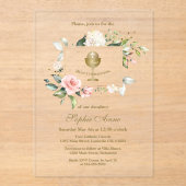 Invitations En Acrylique Élégant rose Fleurs rousses Fille Sainte Communion (Recto)