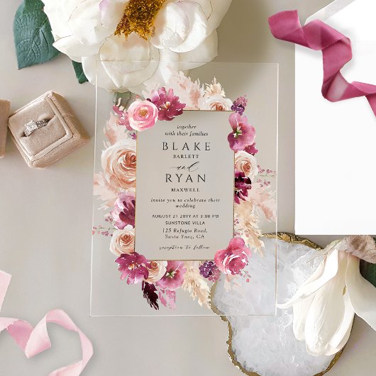 Invitations En Acrylique Élégant rose floral, Bourgogne, Mariage champagne