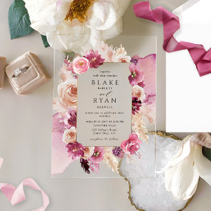 Invitations En Acrylique Élégant rose floral, Mariage d'aquarelle bordeaux
