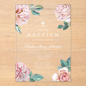 Invitations En Acrylique Élégant rose Floral Religieux Croix Fille Baptême (Recto)