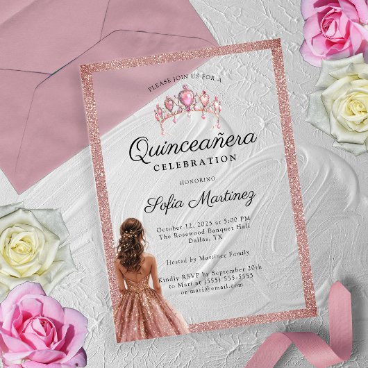 Invitations En Acrylique Elégant Rose Gold Quinceañera Princess tiara