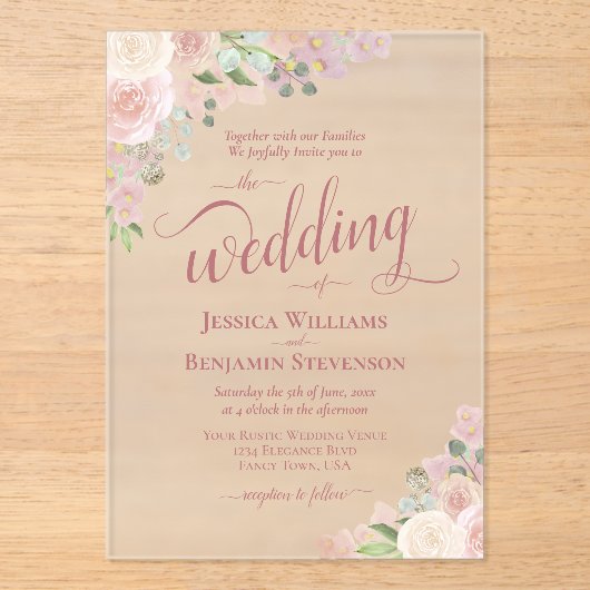 Invitations En Acrylique Elégant rose & mauve Boho Chic Rose Fancy Mariage (Recto)