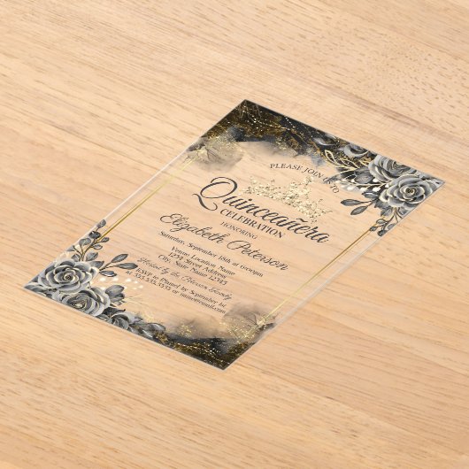 Invitations En Acrylique Élégant Rose noir gothique Quinceañera (Poser)