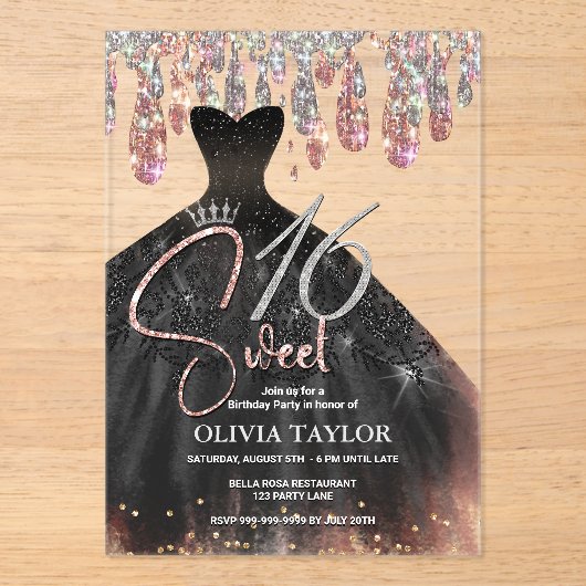Invitations En Acrylique Elégant rose or noir robe douce 16 monogramme (Recto)