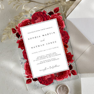 Invitations En Acrylique Élégant Rose Rouge Et Argent Mariage Clair