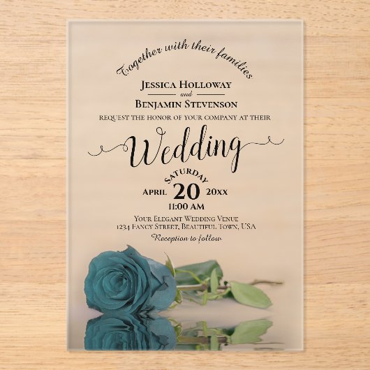 Invitations En Acrylique Élégant Rose Turquoise Lacy Calligraphy Mariage (Recto)