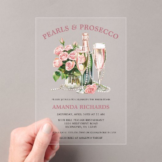 Invitations En Acrylique Elegant Roses, Pearls and Prosecco Bridal Shower (In situ (ordinateur de poche))