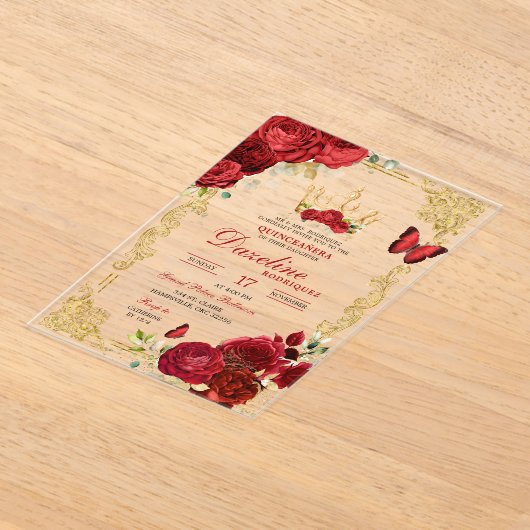 Invitations En Acrylique Elégant Roses Rouges Couronne Quinceanera Invitati (Poser)