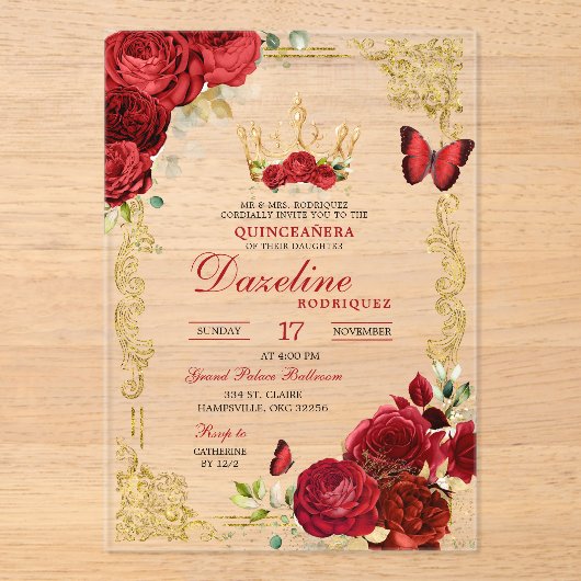 Invitations En Acrylique Elégant Roses Rouges Couronne Quinceanera Invitati (Recto)