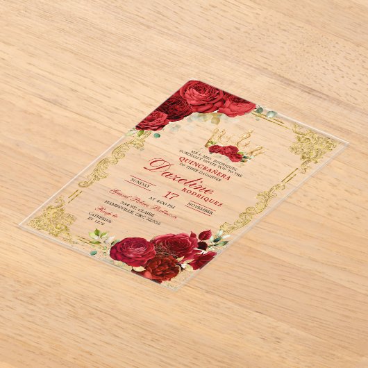 Invitations En Acrylique Elégant Roses Rouges Couronne Quinceanera Invitati (Poser)