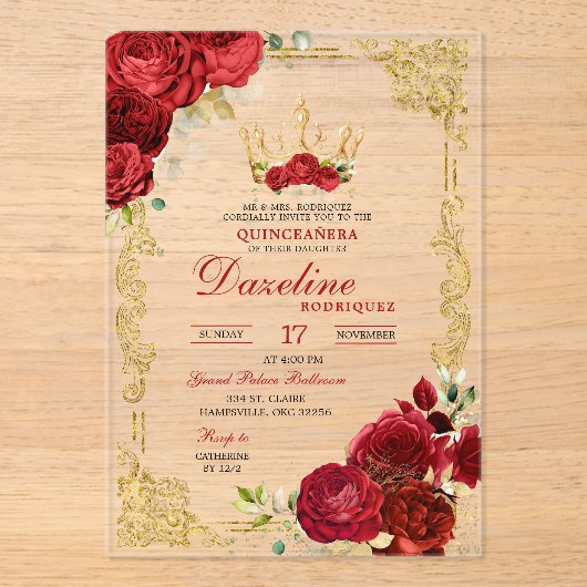 Invitations En Acrylique Elégant Roses Rouges Couronne Quinceanera Invitati (Recto)