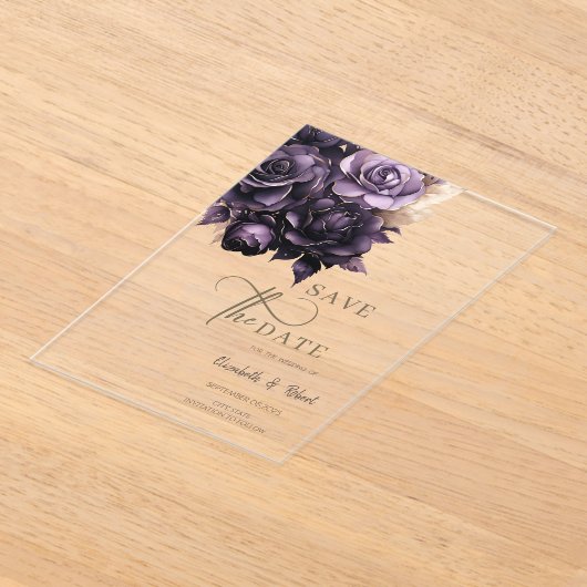 Invitations En Acrylique Élégant Roses Violet foncé Enregistrer La Date (Poser)