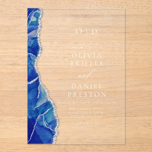 Invitations En Acrylique Élégant Royal Blue Silver Agate Mariage Monogramme (Recto)