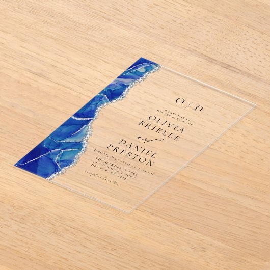 Invitations En Acrylique Élégant Royal Blue Silver Agate Mariage Monogramme (Poser)