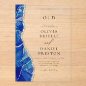 Invitations En Acrylique Élégant Royal Blue Silver Agate Mariage Monogramme (Recto)