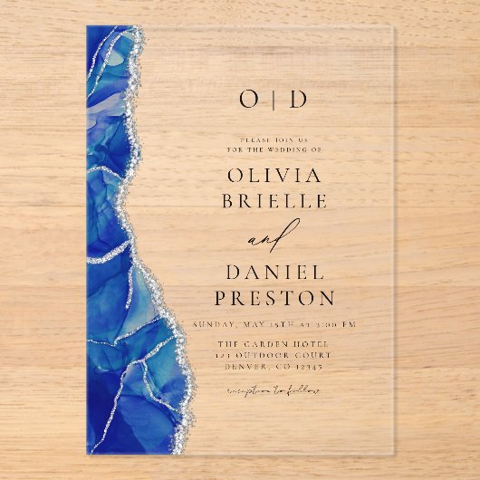 Invitations En Acrylique Élégant Royal Blue Silver Agate Mariage Monogramme (Recto)