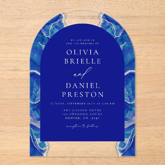 Invitations En Acrylique Élégant Royal Blue Silver Agate Mariage Monogramme (Recto)