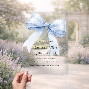 Invitations En Acrylique Élégant ruban bleu clair Quinceanera luxe