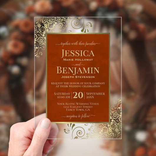 Invitations En Acrylique Elegant Rust Orange & Gold Stylish Text Wedding