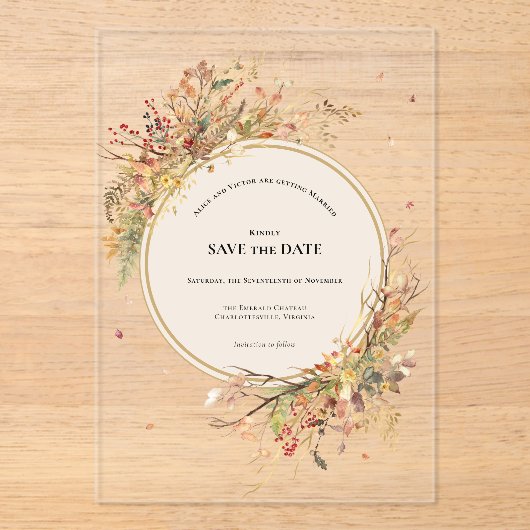 Invitations En Acrylique Elégant Rustic Fall Beige Enregistrer la date (Recto)