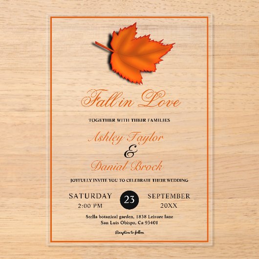 Invitations En Acrylique Élégant Rustique d'automne laisse Orange Mariage d (Recto)