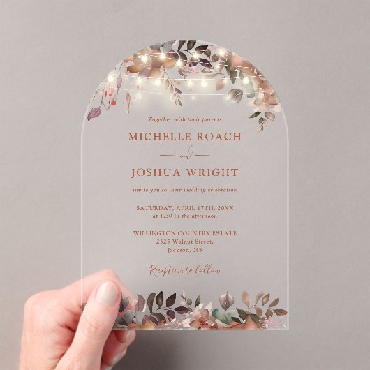Invitations En Acrylique Élégant Rustique Floral Lights Mariage Arché (In situ (ordinateur de poche))