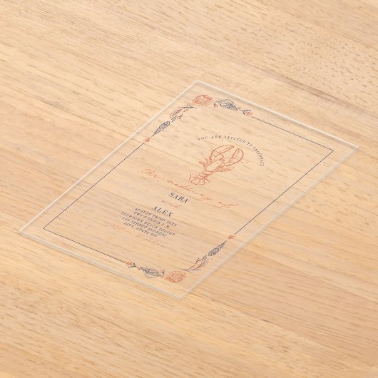 Invitations En Acrylique Elégant Rustique Rouge & Bleu Plage Homard de mari (Poser)