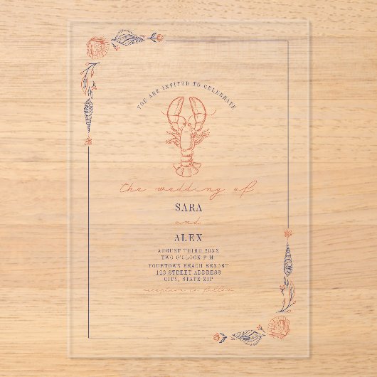 Invitations En Acrylique Elégant Rustique Rouge & Bleu Plage Homard de mari (Recto)