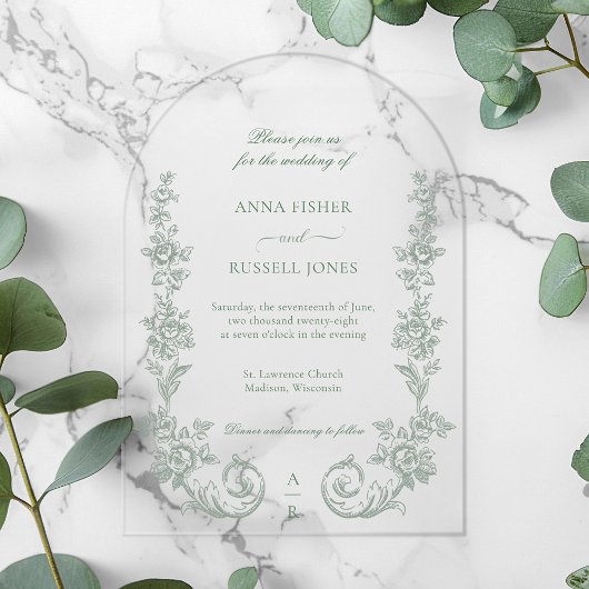 Invitations En Acrylique Elegant Sage Baroque Roses Wedding