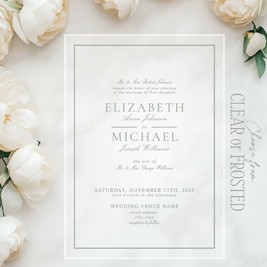 Invitations En Acrylique Élégant Sage Green Classic Script Mariage